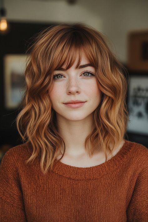 4. Wavy Lob with Side-Swept Bangs in Caramel Brown (Medium Length Hairstyles With Bangs) - Medium Length Hairstyles With Bangs Medium Hair Cuts For Women With Bangs, Wolf Cut With Bangs Medium Hair, Medium Length Wavy Hair With Bangs, Medium Length Curly Hair With Bangs, Beach Waves With Bangs, Wavy Side Bangs, Wavy Lob With Bangs, Medium Length Wavy Haircut, Medium Length Hair With Layers And Bangs