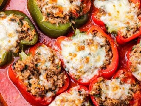 Italian Stuffed Peppers - Sip and Feast Stuffed Peppers With Ground Beef, Italian Stuffed Peppers, Sip And Feast, Stuffed Peppers With Rice, Pecorino Romano, Slow Cooked Beef, Pasta Salad Italian, Peppers Recipes, Marinara Sauce