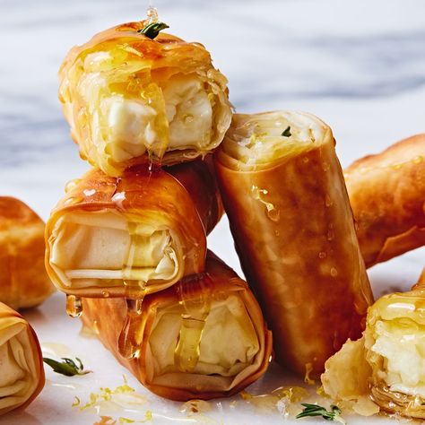 Our Mini Phyllo Feta Bites Are Flavor Bombs In A Cute & Crispy Package Feta And Phyllo, Feta Wrapped In Phyllo, Feta Phyllo Honey, Feta Cheese Appetizers, Phyllo Feta, Philo Cups, Phyllo Appetizers, Feta Bites, Honey Drizzle