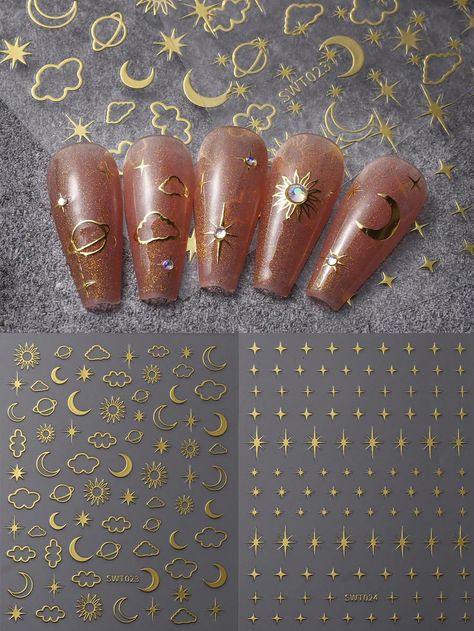 3D Metallic Shine Bright Bronzing Silver Star Gold Nail Art Sticker, 2pcs Totem Cloud Moon Star Luxury Nail Self-Adhesive Decal For HomeI discovered amazing products on SHEIN.com, come check them out! Pet Pattern, Dragon Nails, Bow Nail Art, Gold Nail Art, Moon Nails, Nail Stickers Decals, Manicure Diy, Lines On Nails, Nail Art Sticker