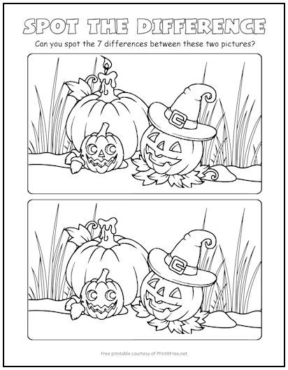 Smiling Pumpkins Spot the Difference Picture Puzzle | Print it Free Halloween Spot The Difference, Halloween Worksheets Free, Halloween Activity Sheets, Autumn Puzzle, Fall Worksheets, Halloween Word Search, Halloween Puzzles, Free Printable Halloween, Halloween Worksheets