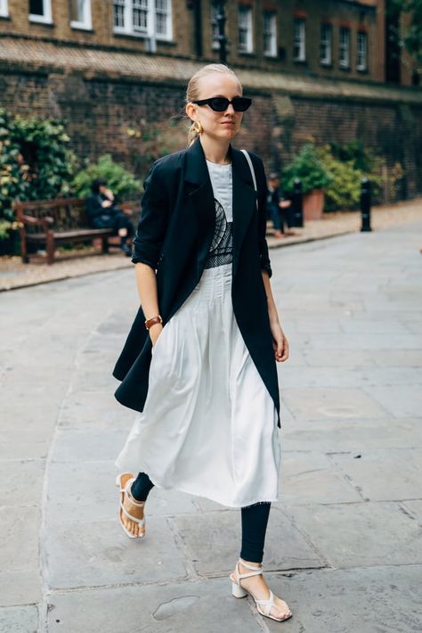 LFW Day 4 Dress Over Pants Street Style, Alexandra Carl, Pants Street Style, Dress Street Style, Giovanna Battaglia Engelbert, Dress Over Pants, 2020 Street Style, London Fashion Week Street Style, Black White Outfit