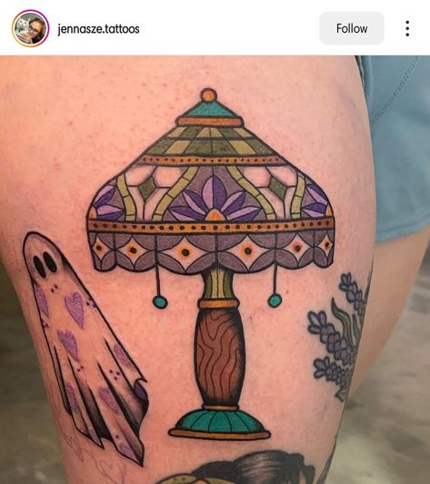 American Traditional Hand Mirror Tattoo, Stained Glass Traditional Tattoo, Thigh Tattoos Women American Traditional, Stained Glass Lamp Tattoo, Tiffany Lamp Tattoo, Stainglass Tattoos, Traditional Tattoos Feminine, Mid Century Modern Tattoo, Groovy Tattoo