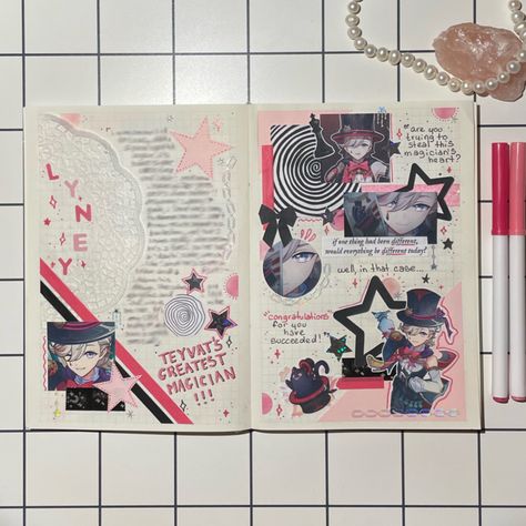 anime journal spread about my latest genshin impact 5*<3 i love this magician bby so muchhhh Journal Anime Aesthetic, Genshin Journal Ideas, Scrapbook Spread Ideas, Genshin Scrapbook, Genshin Impact Journal, Genshin Journal, Anime Journal Aesthetic, Anime Journal Spread Ideas, Anime Journal Ideas