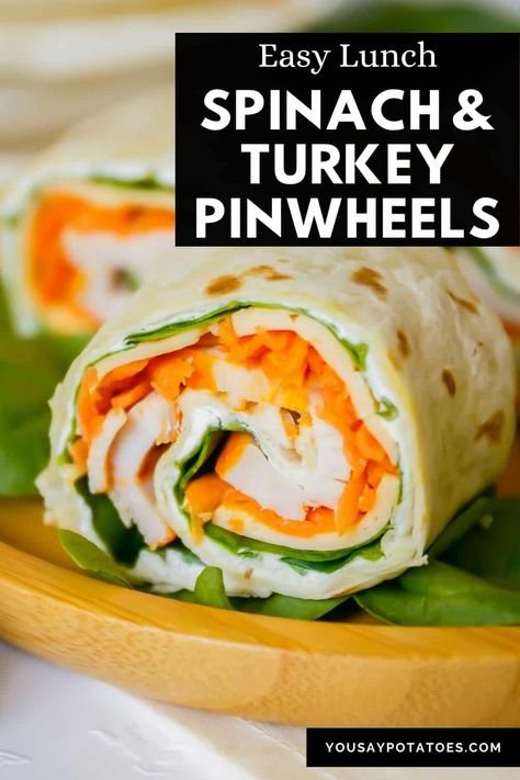 These Turkey Pinwheels with spinach are tasty and super easy to make! The rolled-up tortillas are a great way to change up your lunch routine, and they're perfect for parties too. Plus, they're customizable so you can add your favorite ingredients! Tortilla Roll Ups Turkey, Turkey Roll Ups Tortilla, Spinach Tortilla Wraps, Tortilla Pinwheels Recipe, Turkey Pinwheels, Turkey Lunch, Turkey Lunch Meat, Turkey Roll, Turkey Roll Ups