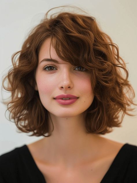 Medium Length Haircut 2b Hair, Wavy Curly Bob Hairstyles, Wavy Bob Thick Hair, Shoulder Length Curly Haircuts With Bangs, Short Wavy Hair Color Ideas, Short Curly Hair Oval Face, Haircuts For Wavy Hair Women, Face Framing Layers Medium Wavy Hair, 2b Short Hair