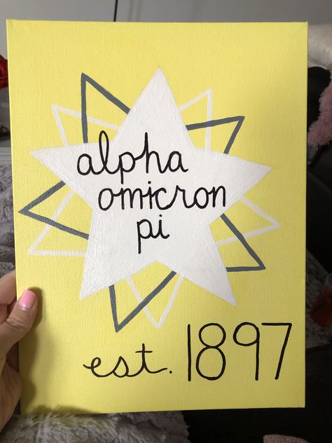 Big little, yellow, alpha omicron pi Yellow Sorority Canvas, Alpha Omicron Pi Canvas, Zeta Canvas, Sorority Baskets, Aoii Sorority, Little Gifts Sorority, Diy Lettering, Big Little Canvas, Sorority Art