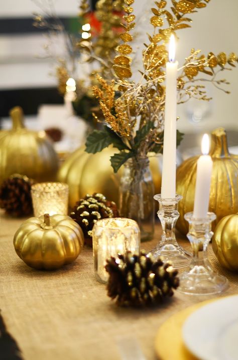 Merrick's Art // Style + Sewing for the Everyday Girl: DIY GOLD THANKSGIVING TABLESCAPE White Thanksgiving Decor, Easy Tablescape, Gold Thanksgiving Table, Thanksgiving Table Settings Diy, Emily Henderson Design, Thanksgiving Tablescape, Thanksgiving Decorations Diy, Gold Pumpkins, Diy Gold