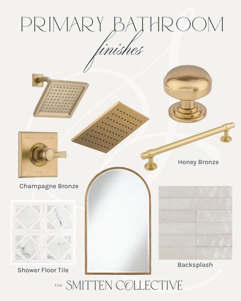 Champagne Bronze Bathroom Fixtures, Delta Champagne Bronze Bathroom, Champagne Bronze Light Fixtures, Bronze Shower Fixtures, Arched Vanity Mirror, Champagne Bronze Kitchen Hardware, Mixing Metals In Bathroom, Bronze Bathroom Light Fixtures, Shower Plumbing Fixtures