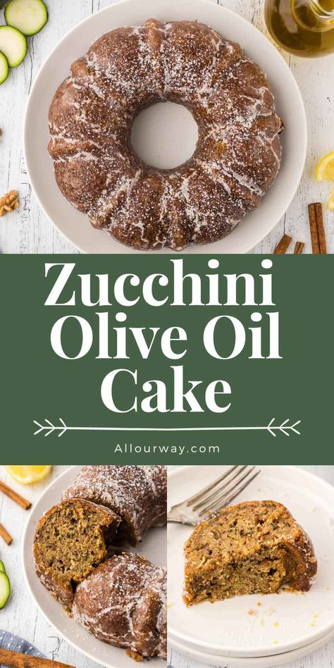 Pinterest collage with title overlay featuring a bundt cake made with olive oil and zucchini sliced and the entire cake. Olive Oil Bundt Cake, Zucchini Bundt Cake, Pinterest Collage, Best Zucchini, Italian Cream Cakes, Healthy Zucchini, Oil Cake, Leftover Cake, Zucchini Cake