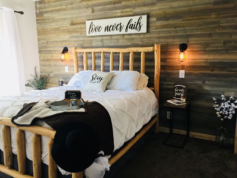 Log Bed Bedroom Decor, Guest Bedroom Accent Wall, Log Bed Bedroom Decor Modern, Be Our Guest Bedroom, Log Headboard, Couple Bedrooms, Farmhouse Bedroom Bedding, Farmhouse Log Bed, Cabin Queen Bed