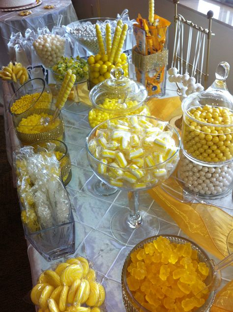 Candy Yellow Candy Table Ideas, Yellow Birthday Decoration Ideas, Sunshine Candy Table, Yellow Theme Sweet 16, Yellow Snacks Party, Bee Candy Table, Yellow Birthday Ideas, Sunshine Bday Theme, Yellow 16 Birthday Party