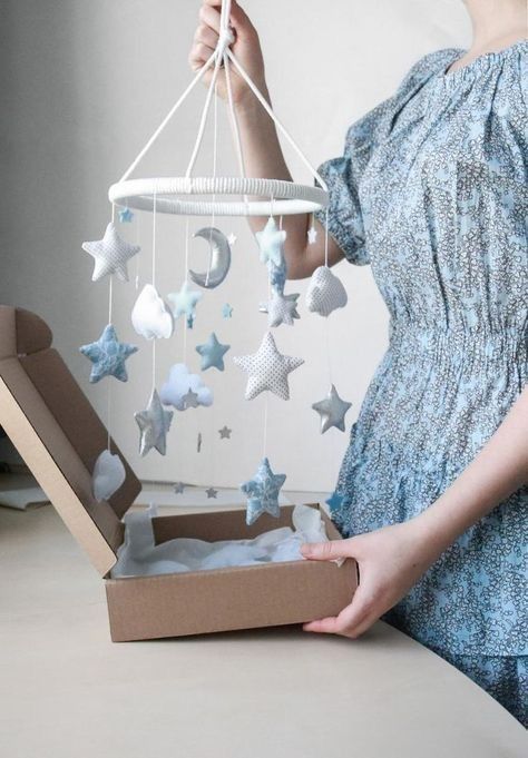 Silver Nursery, Light Blue Nursery, Mobile Light, Stars Baby Mobile, Stars Nursery Decor, Clouds And Stars, Boy Room Decor, Blue Nursery Decor, Baby Mobil