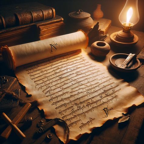 A parchment scroll unrolled on an ancient wooden table, illuminated by the soft glow of an oil lamp. The scroll is filled with elegant, hand-written script in ancient Greek, symbolizing the letter from Paul. Around the table, various symbolic Christian items like a small wooden cross, a clay oil lamp, and an open ancient book. The scene evokes a sense of historical depth and spiritual... Scroll Aesthetic, Scrolls Aesthetic, Medieval Bible, Small Wooden Cross, Ancient Scrolls, Ancient Lamp, Christian Items, Parchment Scroll, Book Of Romans