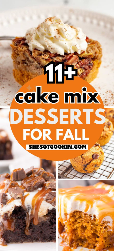 Fall dessert recipes with cake mix photo collage. Family Friendly Desserts, Friday Night Desserts, Fall Simple Desserts, Dessert For Fall Party, Fall Cake Walk Ideas, Quick Weeknight Desserts, Super Easy Fall Desserts, Easy Fall Cake Recipes, Fall Dessert Ideas For Party