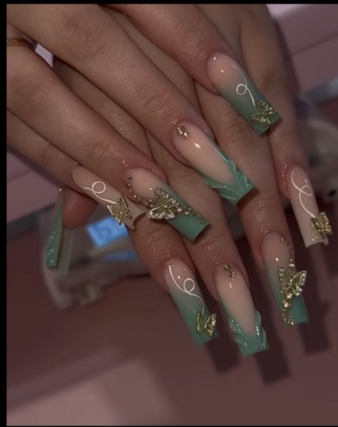 Sage Green And Gold Nails, Chakra Nails, Spiritual Nail Art, Sage Green Nail Ideas, Crazy Acrylic Nails, Sage Green Nails, Tyler The Creator Outfits, Hoco Nails, Junk Nails