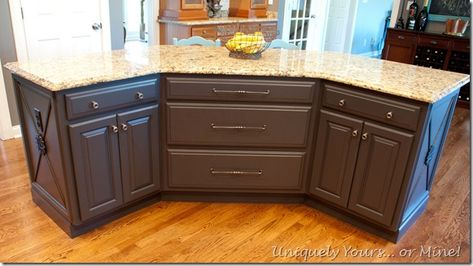 Kitchen Island Update, Angled Island, Kitchen Island Shapes, Kitchen Renovation Diy Ideas, Grey Painted Kitchen, Painted Kitchen Island, Curved Kitchen Island, Curved Kitchen, Kitchen Island Cabinets