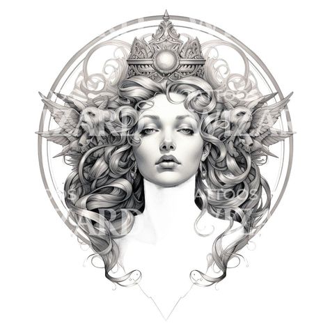 Rhea Greek Goddess, Black Goddess Tattoo, Motherhood Tattoo, Goddess Of Motherhood, Black Grey Tattoo Design, Grey Tattoo Design, Goddess Tattoos, Motherhood Tattoos, Virgo Goddess