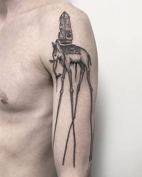 "Reinterpretation of Dali's elephant" Thank you Marco, it was a pleasure! Dali Tattoos, Collage Tattoo, Dali Tattoo, Art Inspired Tattoos, Tattoo Linework, Minimalistic Tattoo, Elephant Tattoo Design, Hip Tattoos Women, Getting A Tattoo