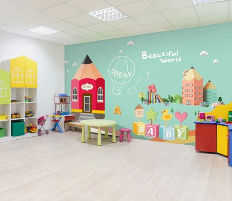 Business Wallpaper, Indoor Playroom, Daycare Decor, Daycare Design, Preschool Classroom Decor, Kindergarten Design, School Murals, School Interior, 3d House