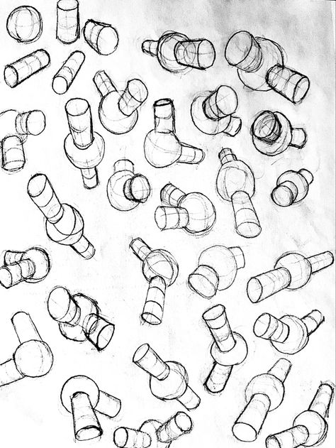 The pelvis and upper legs can be broken down into simple forms such as a sphere and two cylinders, a cube and two cylinders, etc. Cylinder Shape Drawing, Simple Forms Drawing, Shape Study Drawing, Sphere Drawing Practice, Cube Practice Drawing, Drawing Fundamentals Practice, Cube Drawing Perspective, Form Practice Drawing, Cylinders In Perspective