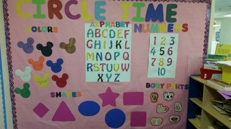 Circle time wall Infant Room Circle Time, Disney Circle Time, Circle Time Ideas For One Year Olds, Infant Circle Time Board, Infant Circle Time Ideas, Circle Time Wall Ideas For Toddlers, Circle Time Bulletin Board Preschool, Circle Time Wall, Circle Time Bulletin Board