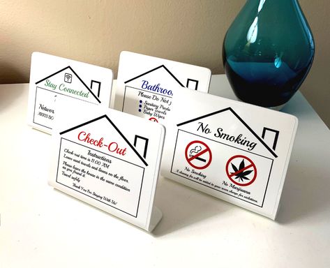 Air Bnb Signage, Guest Welcome Baskets, Decorate Airbnb, Glass Sticker Design, Airbnb Photography, Airbnb Checklist, Airbnb House Rules, House Rules Sign, Hotel Key Cards