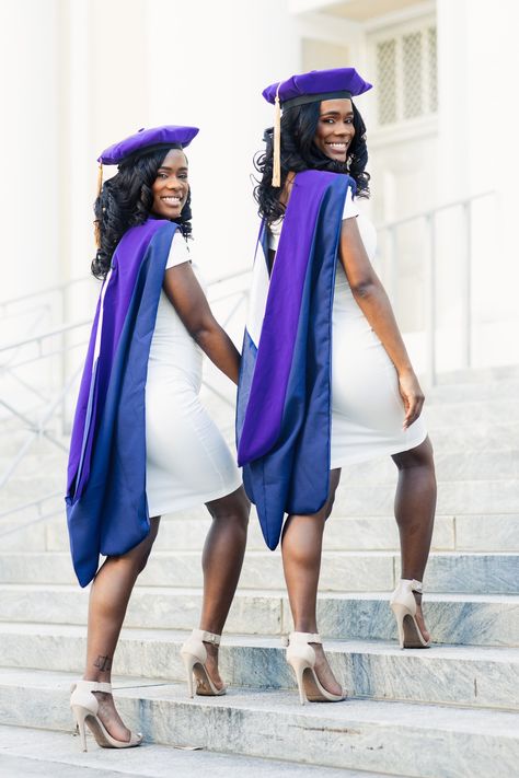 Black Doctor Graduation Pictures, Best Friend Graduation Pictures Black, Two People Graduation Pictures, Friends Graduation Photoshoot, Purple Cap And Gown Graduation Outfit, Md Graduation Pictures, Doctorate Graduation Outfit, Mother Daughter Graduation Pictures, Master Degree Photoshoot