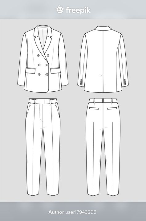 Flat Technical Drawing, Suits For Women Drawing, Suit Technical Drawing, Suit Flat Sketch, Clothes Outline, Suit Sketch, Suit Illustration, Oversized Suit, Vector Clothes