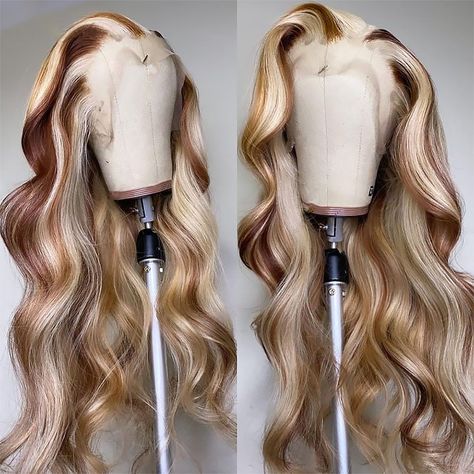 Brown With Blonde Highlights, Blonde Balayage Highlights, Honey Blonde Highlights, Ombre Blonde, Glueless Wigs, Wig Lace, Wigs Hair, Colored Wigs, Brown Wig