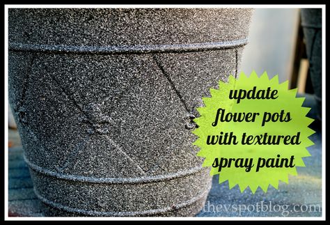 The V Spot: Saving tired old flower pots with textured spray paint. Painting Plastic Flower Pots, Stone Spray Paint, Spray Paint Plastic, Textured Spray Paint, Painted Plant Pots, Flower Pot Design, Decorated Flower Pots, Plastic Flower Pots, Outdoor Crafts