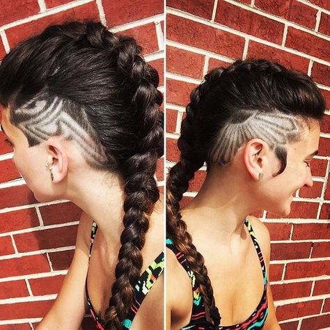 Long Braid & Double Side Shaves With Barber Art & Side Burns Model @squeakyisme Cut By @lova_dabarber @famous_fadez #UCFeed #BuzzCutFeed #Undercut #Undercuts #SideCut #SideShave #ShavedNape #NapeShave #BarberArt #BarberLife #BarberShopConnect #UndercutNation #SideBurns Patterned Undercut, Heather Symmes, Side Burns, Barber Art, Side Shave, Undercut Hair, Undercut Long Hair, Half Shaved Hair, Shaved Hair Designs