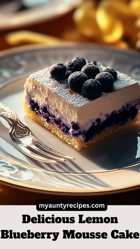 This Lemon Blueberry Mousse Cake combines the tangy flavor of fresh lemons with sweet blueberries for a delightful dessert. The fluffy mousse and soft sponge create the perfect balance, making it an ideal treat for spring celebrations or afternoon tea. Whether you're hosting a brunch or simply indulging in a light dessert, this cake will be the star of the table. Try this easy-to-make recipe for a refreshing twist on your classic dessert options! Blueberry Mouse, Bunco Desserts, Blueberry Mousse Cake, Blueberry Mousse, Light Dessert, Fine Dining Desserts, Spring Dessert, Blueberry Topping, Lemon Mousse