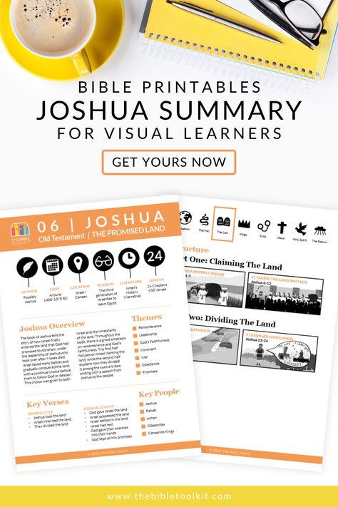 Understand the Bible book of Joshua with this printable visual outline. These Bible study cheat sheets include info on context, structure, themes, key verses, and more. If you're a visual learner Christian looking for summaries of the books of the Bible, look no more. Each outline aims to highlight the key aspects to help you see the big picture so you don't get overwhelmed with the details. Grab yours or go check out the bundles that are available by following the link to the store. #BibleStudy Joshua Bible, Bible Summary, Book Of Joshua, The Books Of The Bible, Visual Learner, Inductive Bible Study, Bible Dictionary, Bible Book, Bible Printables