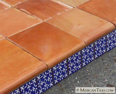 Saltillo Tile Stairs, Mexican Saltillo Tile, Tiled Porch, Tiled Stairs, Terra Cotta Floor Tile, Saltillo Floor, Mexican Tile Bathroom, Terracotta Tile Floor, Saltillo Tile