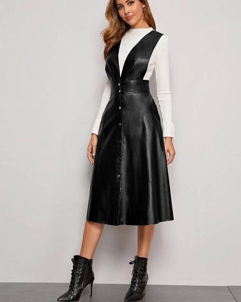 La Marca (@lamarca.2020) • Instagram photos and videos Leather Pinafore, Girl Boss Outfit, Leather Dress Outfit, Modest Dresses Casual, Fit Fashion, Fashion Attire, Pinafore Dress, Leather Dresses, Overall Dress