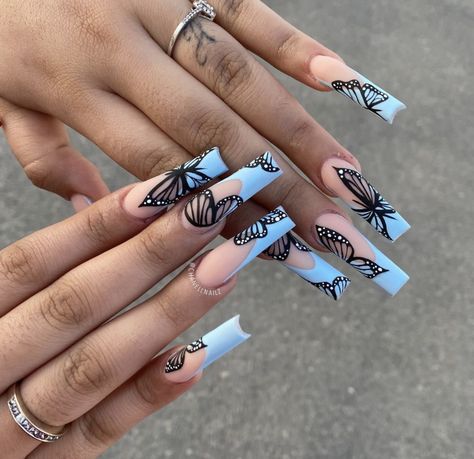 Nail Art Design 2023, Girls Nail Designs, Butterfly Nail Designs, Black Acrylic Nails, Classy Nail Designs, Blue Acrylic Nails, Pretty Gel Nails, Design 2023, Acrylic Nails Coffin Pink