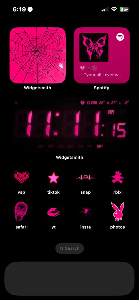 hello kitty, hot pink, ios theme, pink spider, aesthetic Ios 16 Home Screen Ideas Hot Pink, Ipad Wallpaper Pink And Black, Hot Pink Homescreen Ideas, Hot Pink Ios 16 Homescreen, Hot Pink Homescreen Layout, Hot Pink Phone Theme, Black And Pink Homescreen Layout, Dark Pink Theme Aesthetic, Black And Pink Phone Theme