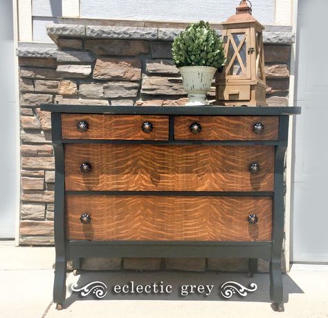 Black And Wood Dresser, Dressers Repurposed, Art Deco Waterfall Dresser, Bare Wood Furniture, Wood Headboards, Stained Furniture, Empire Dresser, Waterfall Dresser, Antique Dressers