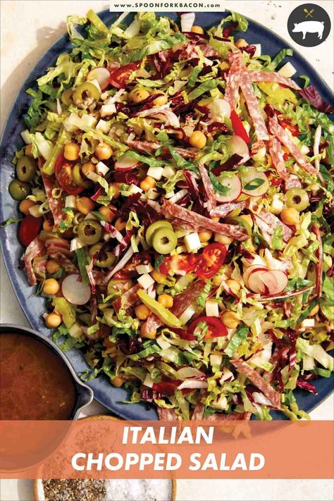 A very delicious and satisfying Italian Chopped Salad! We always say we love a great entree salad and this is certainly up there as one of our favorites! It has so many delicious little bits tucked away between the shredded romaine and radicchio. We promise there's nothing boring and bland about this salad! #salad #italiansalad #choppedsalad #dinner #yummy #delicious Unique Salad Recipes, Spoon Fork Bacon, Dinner Yummy, Italian Chopped Salad, Salad Salad, Italian Salad, Yummy Salad Recipes, Lunch Salads, Chopped Salad