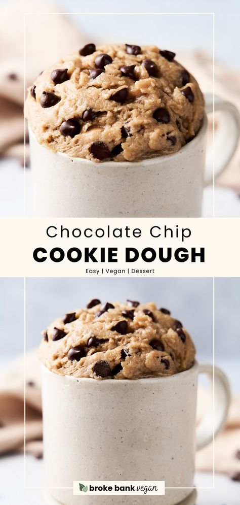 Make this edible vegan cookie dough for a treat that's ready in 10 minutes or less! Loaded with dark chocolate chips, it's sweet, rich, and indulgent. You'll want to eat it by the spoonful! #vegancookiedough #ediblecookiedough #veganediblecookiedough Vegan Cookie Dough Recipe, Vegan Peach Cobbler, Best Vegan Cookies, Edible Chocolate Chip Cookie Dough, Easy Vegan Cookies, Edible Cookie Dough Recipe, Vegan Peanut Butter Cookies, Vegan Cookie, Vegan Cookie Dough