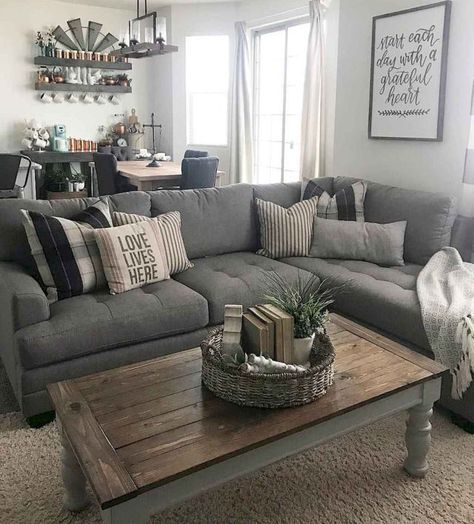 Decorating Cabin, Cozy Modern Farmhouse Living Room, Film Decor, Cozy Farmhouse Living Room, Modern Farmhouse Living Room Decor, Grey Couch, Farmhouse Living Room Decor Ideas, Modern Farmhouse Living, Modern Farmhouse Living Room