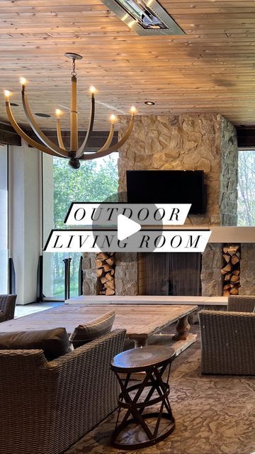 Melissa Manzardo Hryszko on Instagram: "Take a peek at the outdoor living space that gets a lot of use around here!   This space can be used year-round with soffit heaters, retractable screens, and a wood-burning fireplace. It’s the perfect space for entertaining or relaxing together as a family.   #livingroom #livingroomdesign #livingroomdesign #outdoorroom #patio #patiodesign #outdoorkitchen #outdoorfireplace #outdoorliving #patiolife #screenedporch #newhomeconstruction #milliondollarlisting #newhome #fireplace #fireplacedesign #stampedconcrete #verandacustom" Back Porch With Fireplace, Retractable Screens, Porch Fireplace, Retractable Screen, Backyard Pavilion, Stamped Concrete, Outdoor Living Room, New Home Construction, The Grove