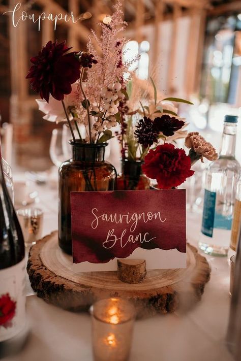 Rustic Wedding Burgundy, Rust And Burgundy Wedding Table, Burgundy And Rust Wedding Centerpieces, Wine Theme Wedding Centerpieces, Burgundy Centerpiece Wedding, Burgundy Barn Wedding, Wedding Table Decorations Burgundy, Alternative Wedding Guest Book Ideas, Burgundy Rustic Wedding