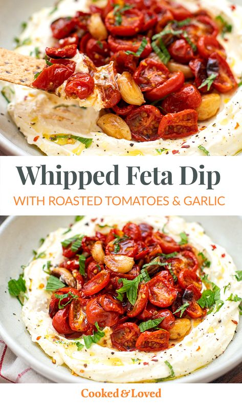 Flavours explode in this whipped feta dip with roasted cherry tomatoes and garlic. Served with crispbreads, crackers, sourdough bread, or whatever low-carb or gluten-free alternative you have, this amazing appetizer will have everyone talking! Great for the holidays, as part of a mezze platter or as a dinner party starter. via @irena_macri Tomato Appetizers, Dinner Party Starters, Mezze Platter, Whipped Feta Dip, Feta Recipes, Feta Dip, Roasted Cherry, Whipped Feta, Roasted Cherry Tomatoes