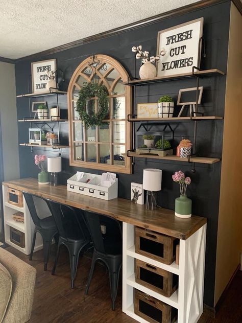 Western Office Desk Decor Ideas, Farmhouse Office Ideas Small Spaces, Diy Farmhouse Office Decor, Home Office Rustic Farmhouse Style, Rustic Office Ideas Farmhouse Style, Office And Craft Room Combined Farmhouse, Small Shared Office Ideas, Western Office Decor Ideas Rustic, Vintage Home Office Decor