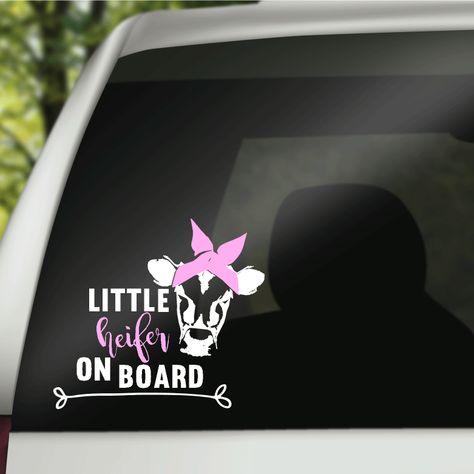 Little Heifer On Board Vinyl Decal - Baby on board car decal for mom Mom Decals, Baby On Board Sticker, Cricut Storage, Car Sticker Ideas, Cute Car Decals, Trendy Baby Gifts, Funny Car Decals, Cow Baby Showers, Cameo Crafts