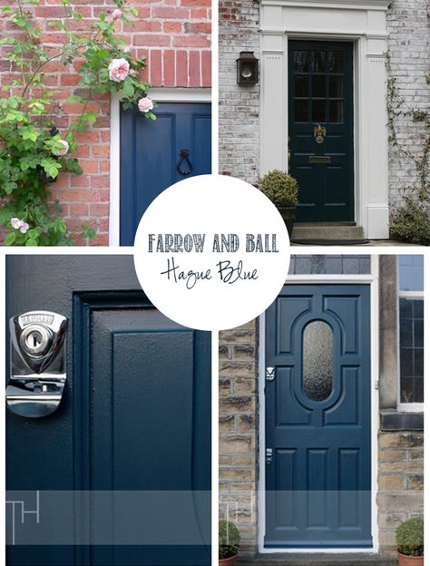 Farrow And Ball Hague Blue Front Door, Hague Blue Exterior House, Hague Blue Front Door Farrow Ball, Hague Blue Front Door, Farrow And Ball Front Door Colours, Black Front Door Interior, Farrow And Ball Front Door, Front Door Farrow And Ball, Exterior Shutter Colors