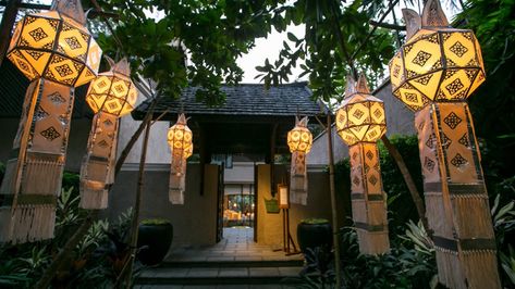 Long glowing Thai lanterns with fringes hang from trees along pavilion walkway Lanterns In Trees, Personal Reflection, Four Seasons Resort, Rice Fields, Northern Thailand, Chiang Mai, Luxury Resort, Walkway, Best Hotels