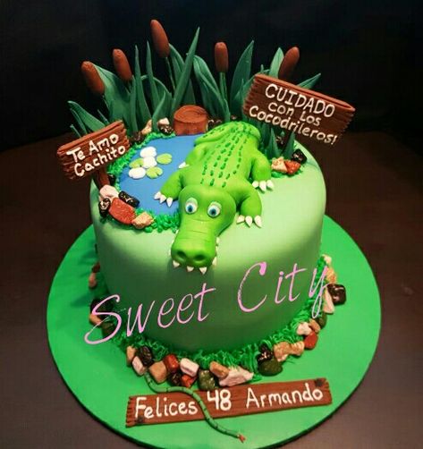 Crocodile Cakes For Kids, Alligator Cakes For Kids, Alligator Birthday Cake, Crocodile Cake Birthday, Crocodile Cake, Alligator Cake, Baby Cake Design, Alligator Birthday Parties, Crocodile Party